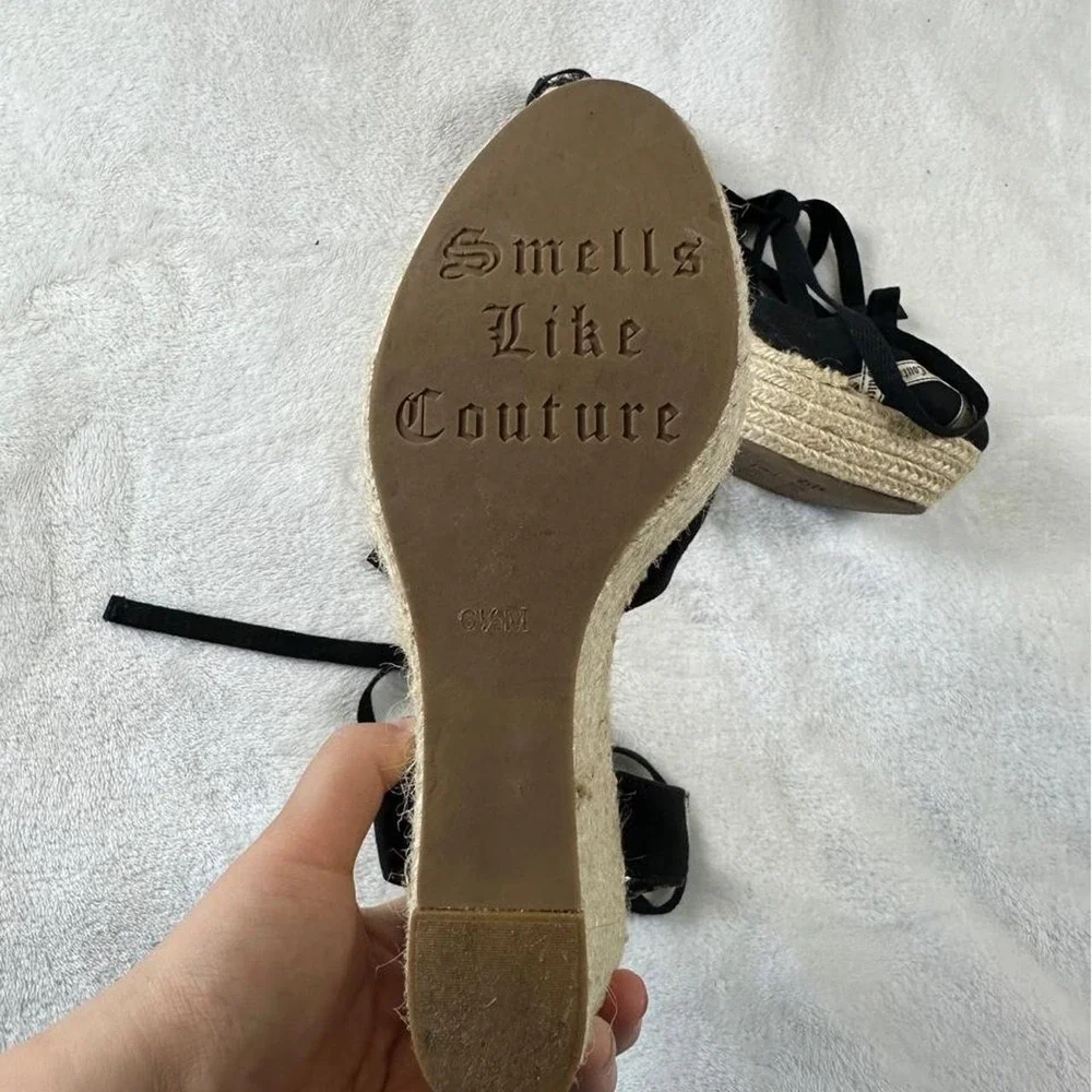 Juicy Couture black platform espadrille wedges logo ribbon y2k mcbling fairy